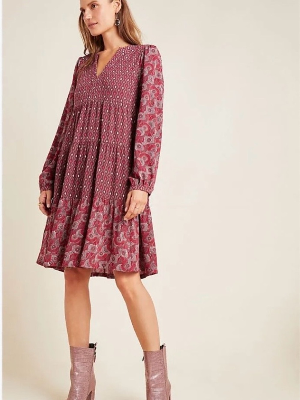 Maeve Anthropologie Rose Paisley Tiered V-Neck Long-Sleeve Dress